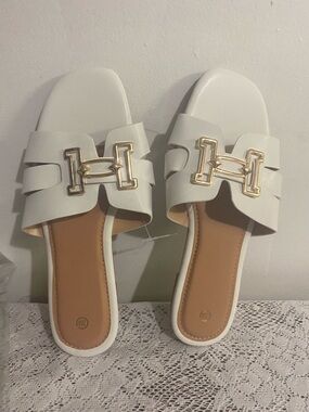 White Slide Mules with Gold H-Link Accent